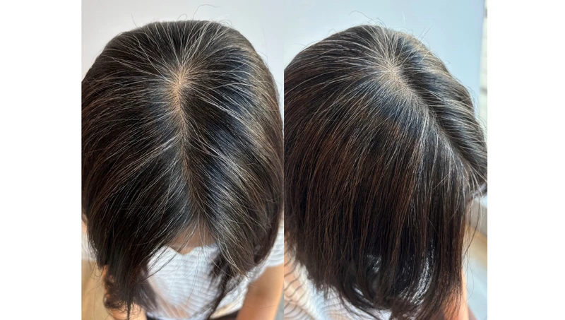 未使用前，整頭佈滿白髮髮絲。