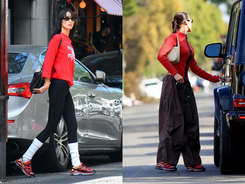 超模Bella Hadid穿着Salomon运动鞋的私服造型