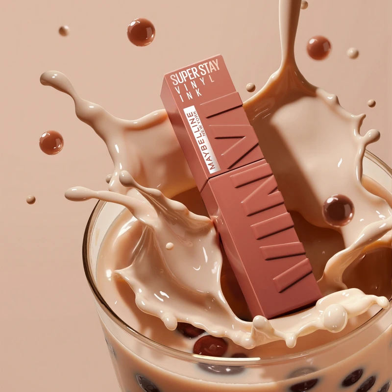 媚比琳超持久水光鎖吻唇釉(#250琥珀奶烏)情境圖。限量的玫瑰奶茶棕系列共推出4色，售價為NT499。