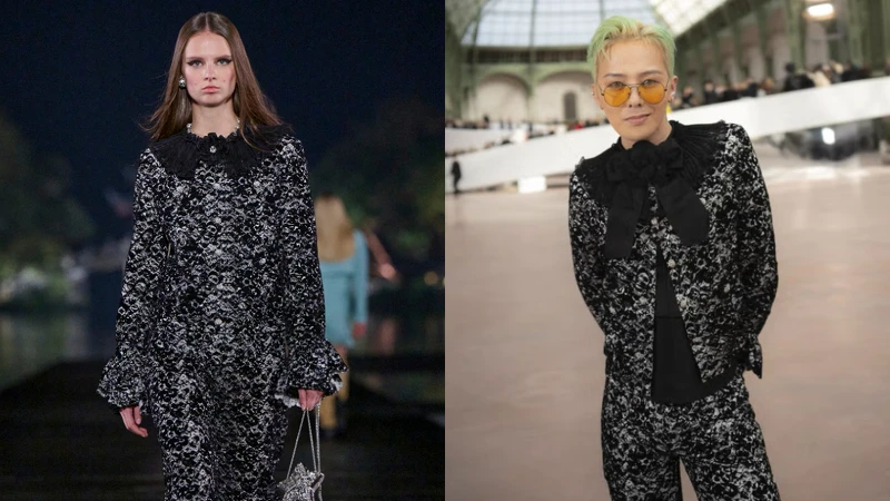 女裝男穿對於GD來說太稀鬆平常了，香奈兒端出整套的蕾絲裝束甚至都難不倒他，仍舊帥氣100。