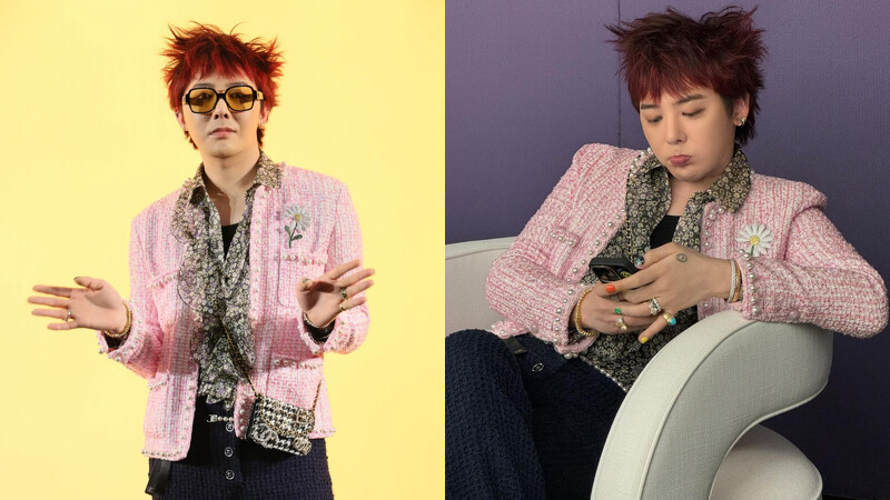 權志龍G-Dragon以粉紅珍珠斜紋軟呢外套搭配碎花造型襯衫亮相，左胸口上有屬於他熱愛指標性的小雛菊胸針。