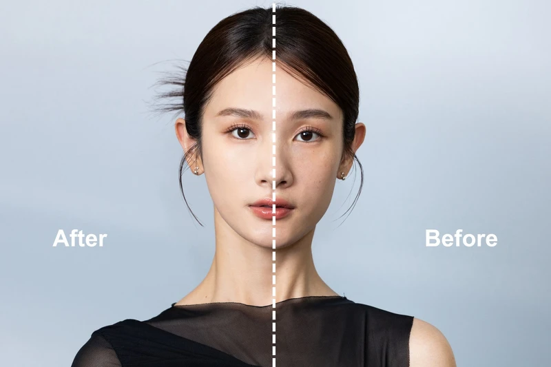 PONY EFFECT零暗沉特霧持久氣墊使用前後妝感示意。