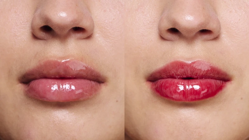 克蘭詩彈潤植萃美唇油#54經典紅(左)只塗一層、(右)塗三層的示意照。