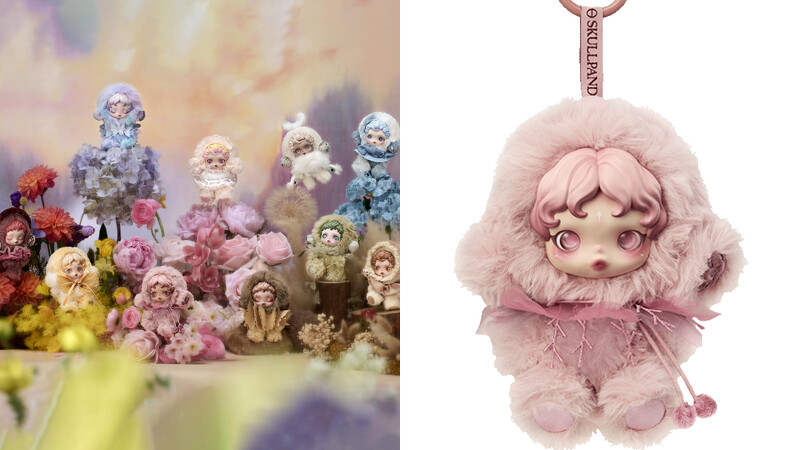 Skullpanda 光織園系列掛飾，粉霧色搭配蓬鬆絨毛外套與薄紗裙。