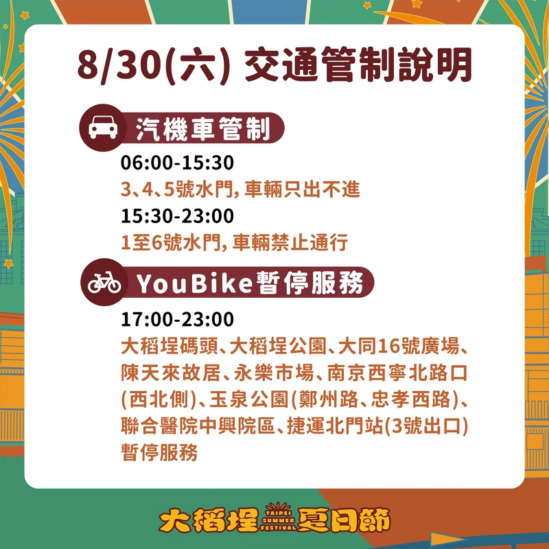 2025大稻埕夏日節8/30（六）交通管制：自行車、停車