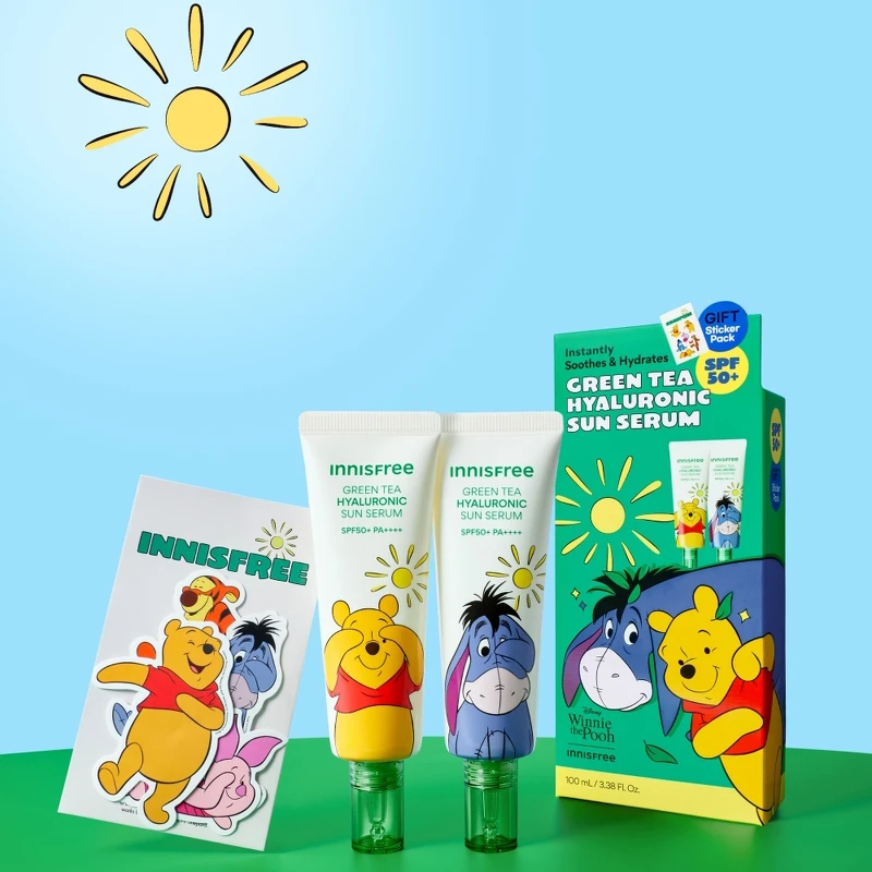 innisfree綠茶玻尿酸保濕防曬精華SPF50+/PA++++2件組(小熊維尼限定版)50ml*2入,加贈小熊維尼貼紙組,NT1,099 innisfree綠茶玻尿酸保濕防曬精華SPF50+/PA++++2件組(小熊維尼限定版)50ml*2入,加贈小熊維尼貼紙組,NT1,099