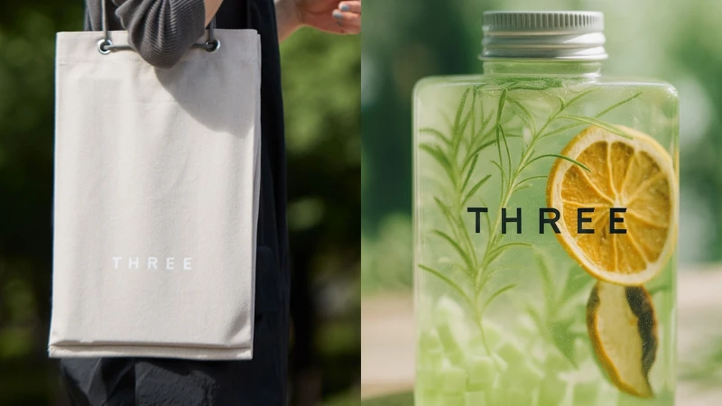 (左)THREE 束口棉布袋、(右)THREE果乾水。 (左)THREE 束口棉布袋、(右)THREE果乾水。