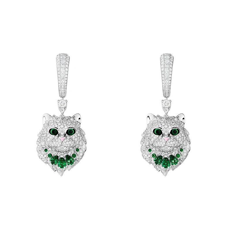 Animaux動物系列Wladimir貓咪吊墜耳環 白金750材質 粉紅和黑色漆飾 鑲嵌鑽石、沙弗萊石、珍珠母貝、黑色藍寶石 JCO01658 台幣參考價格 NTD 2,660,000