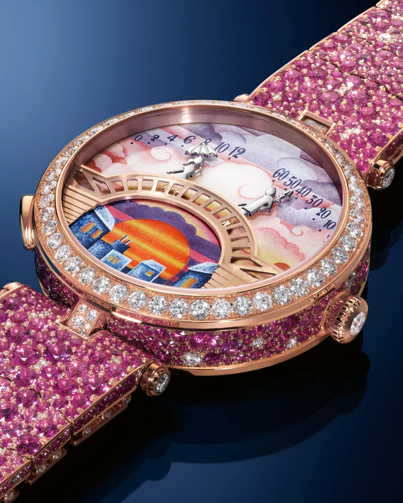 Lady Arpels Pont des Amoureux Aube腕錶(2025新作),18K玫瑰金、藍寶石、鑽石。 Lady Arpels Pont des Amoureux Aube腕錶(2025新作),18K玫瑰金、藍寶石、鑽石。
