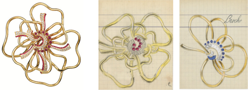 圖左:Silhouette胸針,1937年(黃K金、紅寶石、鑽石)Van Cleef & Arpels Archives;圖中&右:Silhouette胸針產品記錄卡,1937年Van Cleef & Arpels Archives 圖左:Silhouette胸針,1937年(黃K金、紅寶石、鑽石)Van Cleef & Arpels Archives;圖中&右:Silhouette胸針產品記錄卡,1937年Van Cleef & Arpels Archives