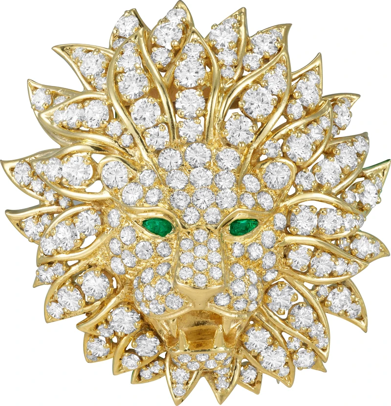 (本次來台作品) Lion échevelé可轉換式胸針,1976年_黃K金、祖母綠、鑽石