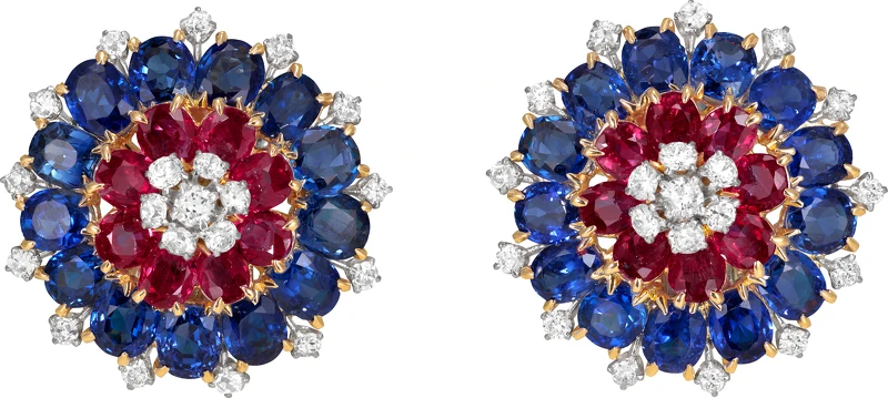 (本次來台作品) 耳環,1942年_鉑金、黃K金、白K金、紅寶石、藍寶石、鑽石