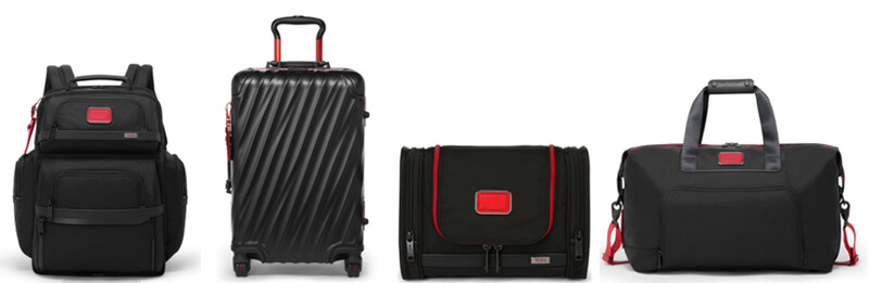 從左至右：黑色/TUMI紅Alpha Brief雙肩包、19 Degree黑色/TUMI紅鋁合金國際四輪登機箱、黑色/TUMI紅Alpha懸掛式旅行化妝包、黑色/TUMI紅Alpha雙倍擴展旅行斜背包