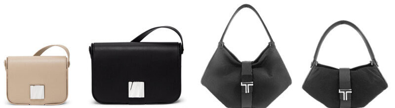 從左至右：燕麥色Olas小號單肩包、黑色Olas中號單肩包、Journey 中型肩背包、Journey 小型肩背包