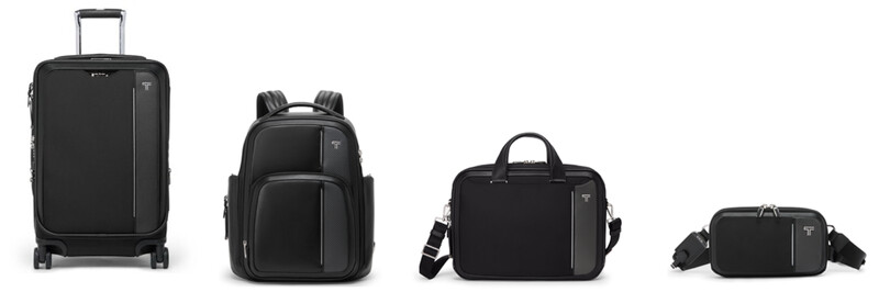 從左至右：(Arrivé系列) 國際雙拉鍊可擴展登機箱、Barker皮革後背包、Hannover 薄款公事包、Messina單肩背包