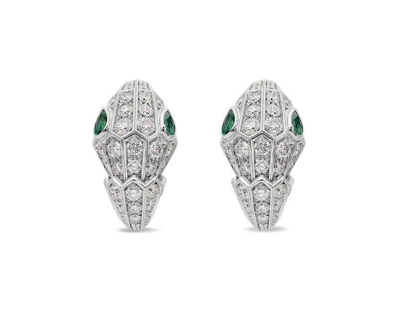 BVLGARI SERPENTI系列 祖母綠與鑽石耳環 白K金耳環，鑲嵌4顆梨形切割祖母綠(總重約0.51克拉)與228顆圓形密鑲鑽石(總重約3.11克拉)。