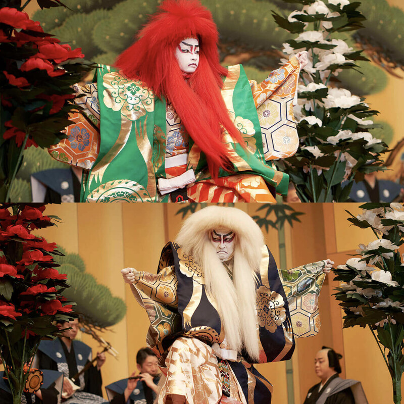 電影中《連獅子》由花井半二郎(圖下)與他兒子大垣俊介(圖上)共同演出。 電影中《連獅子》由花井半二郎(圖下)與他兒子大垣俊介(圖上)共同演出。