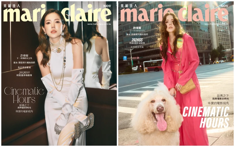 (左）白色緞面削肩長洋裝與手套、多彩寶石長鍊、水鑽珍珠手拿宴會包、黑白雙色皮穿鍊粗跟涼鞋，all by Chanel。(右）粉色絲質水手領上衣、背心與褶飾長褲、多彩寶石耳環與金屬與珍珠腰鍊、皮穿鍊粗跟涼鞋、竹編口蓋包，All by Chanel。