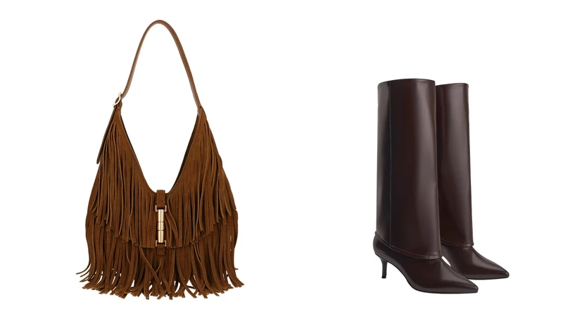 Cesia金屬釦流蘇包,NT3,190(橘棕色)、尖頭高跟長靴,NT3,390 (酒紅色)。 Cesia金屬釦流蘇包,NT3,190(橘棕色)、尖頭高跟長靴,NT3,390 (酒紅色)。