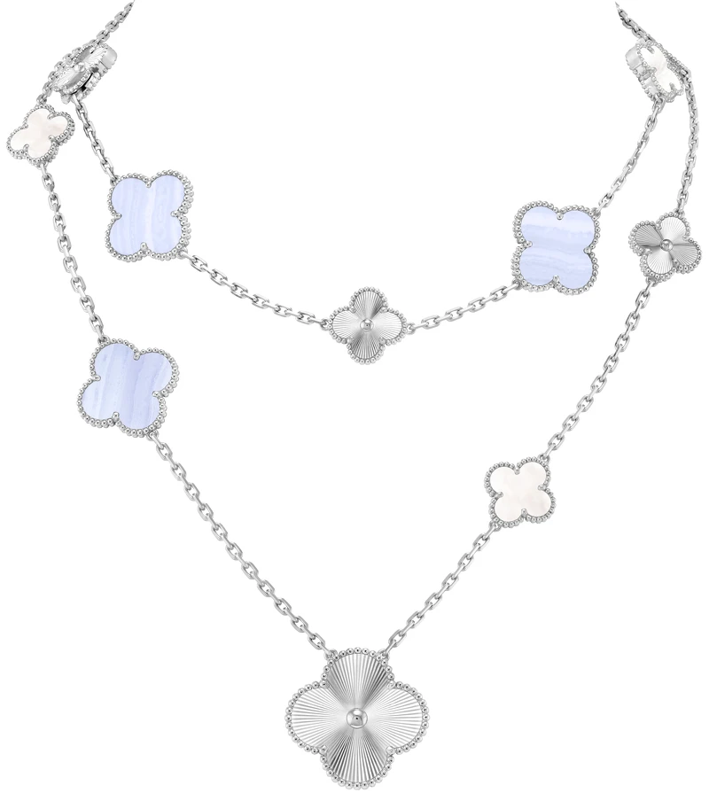 Magic Alhambra可轉換式長項鍊,15枚四葉幸運圖騰 (轉換短項鍊)_18K白金,鑲嵌玉髓及白色珍珠母貝,建議售價:NT$1,280,000