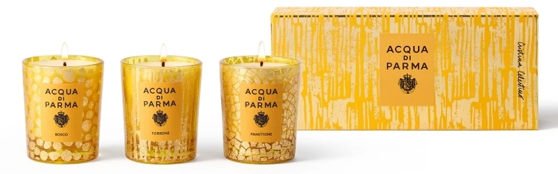 Acqua di Parma金色假期香氛蠟燭禮盒(靜謐雪松BOSCO、濃情潘尼Panettone、甜蜜托尼Torrone)70g*3，NT5,700