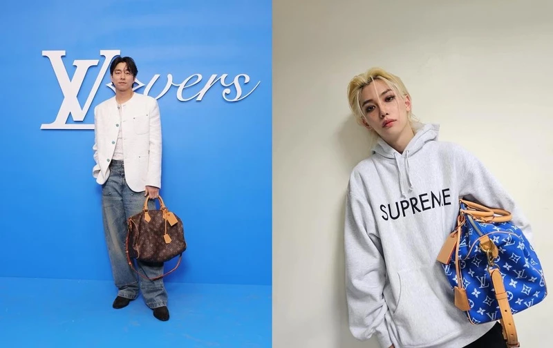 (圖左)孔劉愜意手拎Speedy P9 40經典Monogram手袋，(圖右)或是Felix輕鬆抱著Speedy P9 40 藍色手袋亮相，展現跨世代、跳脫性別框架的Speedy魅力。