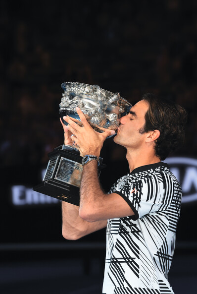 前網球選手兼勞力士代言人羅傑・費德 勒,佩戴搭配藍黑雙色Cerachrom陶質 字圈的蠔式鋼款GMT-Master II腕錶, 慶祝在2017年澳洲網球公開賽奪冠 © Rolex/Gianni Ciacci 前網球選手兼勞力士代言人羅傑・費德 勒,佩戴搭配藍黑雙色Cerachrom陶質 字圈的蠔式鋼款GMT-Master II腕錶, 慶祝在2017年澳洲網球公開賽奪冠 © Rolex/Gianni Ciacci