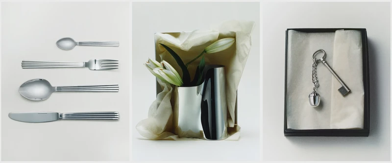 BERNADOTTE 系列餐具四件組、LITUUS系列花瓶、橡果造型純銀吊飾。