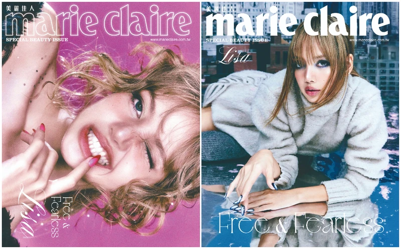 (左）外套為 Louis Vuitton。（右）針織上衣、裙子、過膝襪皆為 Louis Vuitton。