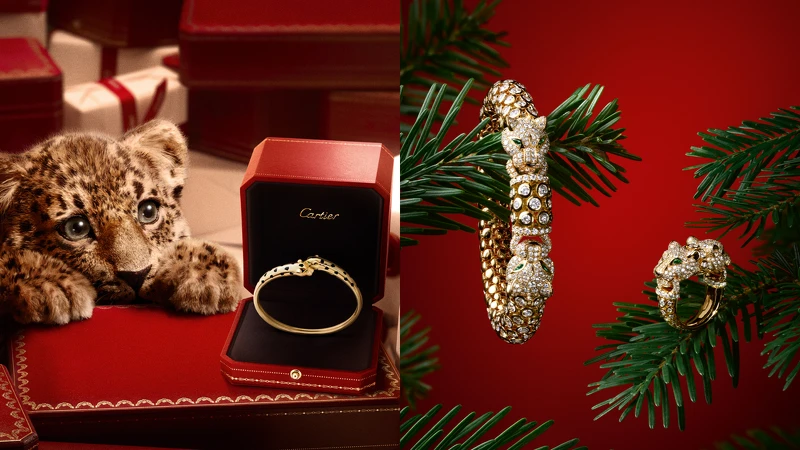 Panth&egrave;re de Cartier 黃K金手環（左）；Panth&egrave;re de Cartier 黃K金鋪鑲鑽石手環、戒指。