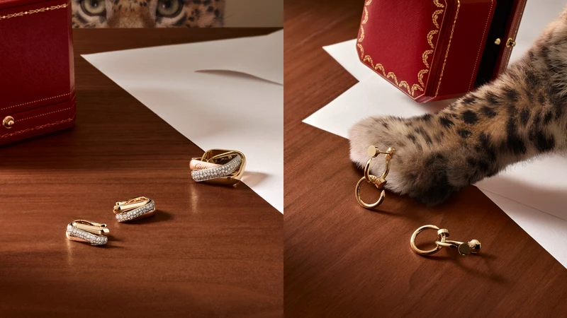 Trinity枕形戒指（左）；Juste un Clou 黃K金雙圈耳環。