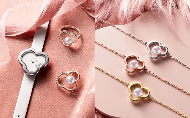 圖左：TASAKI Chants Signature系列阿古屋珍珠石英錶、18K 櫻花金鑲嵌阿古屋珍珠與鑽石戒指、18K櫻花金鑲嵌阿古屋珍珠與鑽石胸針；圖右：TASAKI Chants Signature系列阿古屋珍珠手鏈 (18Ｋ白金/18K櫻花金/18K黃金)。