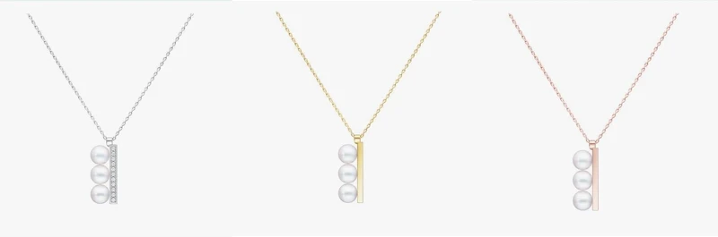 圖左至右：TASAKI balance plus neo系列18K白金鑲嵌阿古屋珍珠與鑽石墜鍊、18K黃金鑲嵌阿古屋珍珠墜鍊、18K櫻花金鑲嵌阿古屋珍珠墜鍊。