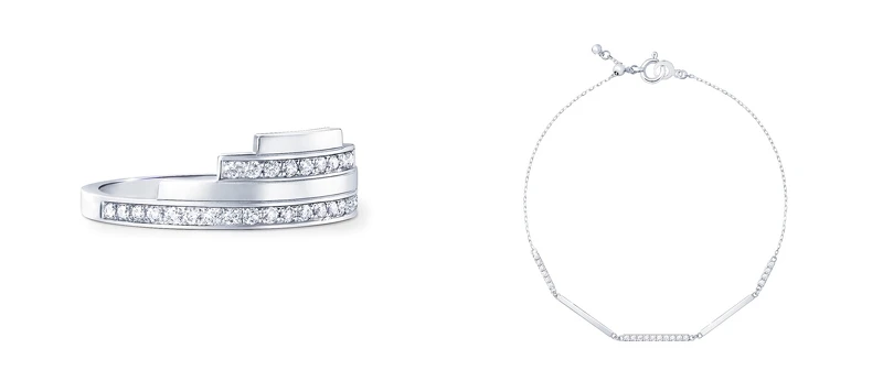 Chandelier Layered 鉑金鑽石戒指，NT61,700；Chandelier Layered鉑金鑽石手鍊，NT41,000。