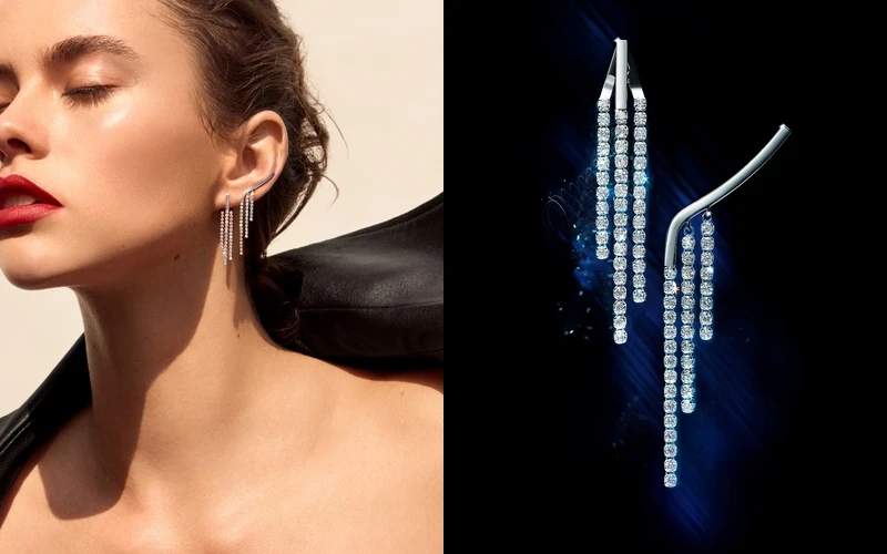 Chandelier Flow 鉑金鑽石耳環(左耳用)，NT58,700；Chandelier Triple Line 鉑金鑽石耳環(單耳用)，NT66,600。 