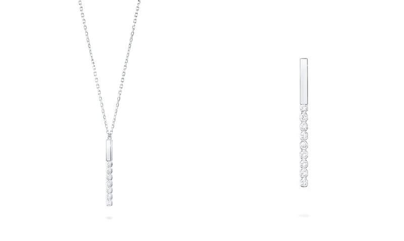 Chandelier Line鉑金鑽石項鍊，NT21,700；Chandelier Line Short 鉑金鑽石耳環 (單耳用)，NT19,500。