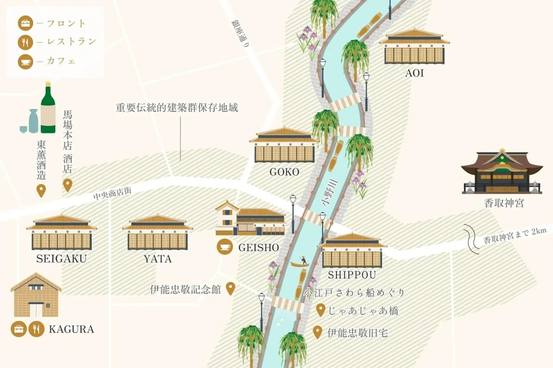 「佐原商家町ホテル NIPPONIA」的地圖與建築關係。