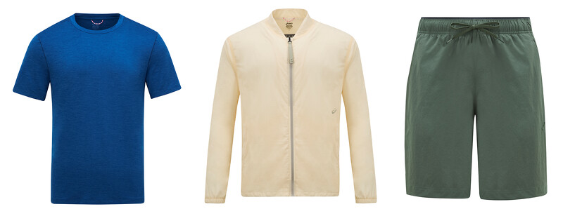 ASICS P.Life系列短袖上衣(男款)，NT1,480、ACTIADAPT 平织外套，晨曦白 (男款)，NT4,880、7 吋平织短裤(男款)，NT1,880。