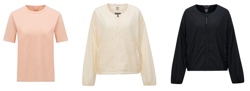 ASICS P.Life系列短袖上衣(女款)，NT1,480、ACTIADAPT 平织外套，晨曦白&夜幕黑(女款)，各NT4,880。