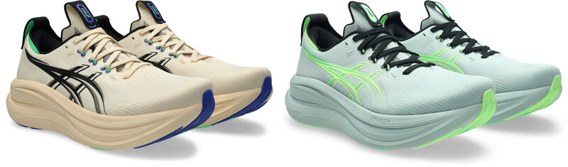 ASICS GEL-NIMBUS 28跑鞋，柔光棕&轻雾绿，各NT4,980。