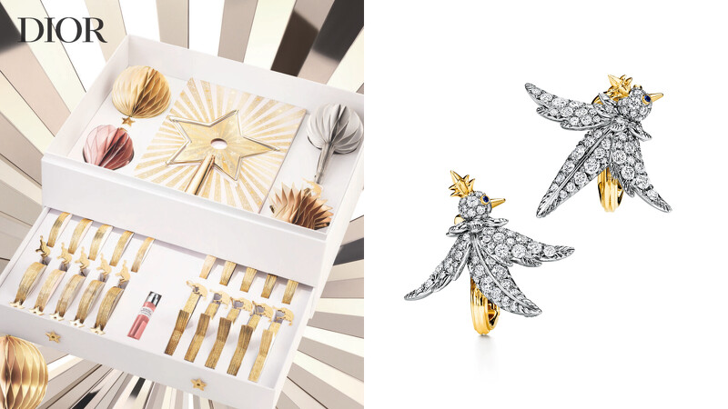 左：迪奧香氛世家－奇幻星愿圣誕掛飾、右：Tiffany & Co. Bird on a Rock by Tiffany石上鳥珠寶系列耳環(huán)。
