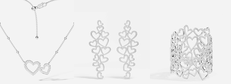 左 : Heart愛心可調節項鍊NT3,400，中 : Heart個性愛心耳環NT15,500，右 : Heart個性愛心手鍊NT26,900