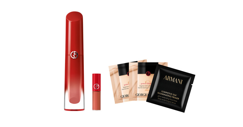 圖片來源：Armani Beauty｜「亞曼尼明星新品底妝體驗組」&「奢華柔紗訂製唇露#400裸紗正紅 精巧版」。