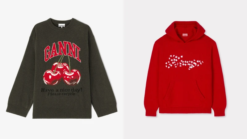 GANNI 印花花櫻桃混紡寬版針織上衣-橄欖綠 NT$15,300、KENZO WINTER限定紅色針織連帽上衣 NT$34,800