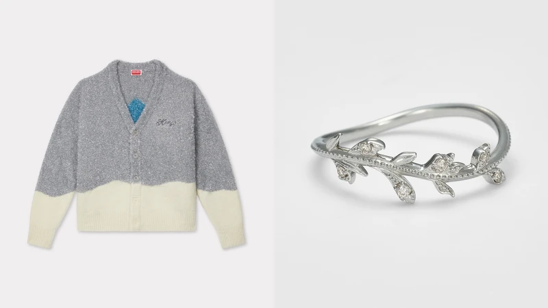 KENZO WINTER限定銀色箔飾KALI針織開襟衫 NT$32,800、agete 鉑金香根芹鑽石戒指 NT$32,800