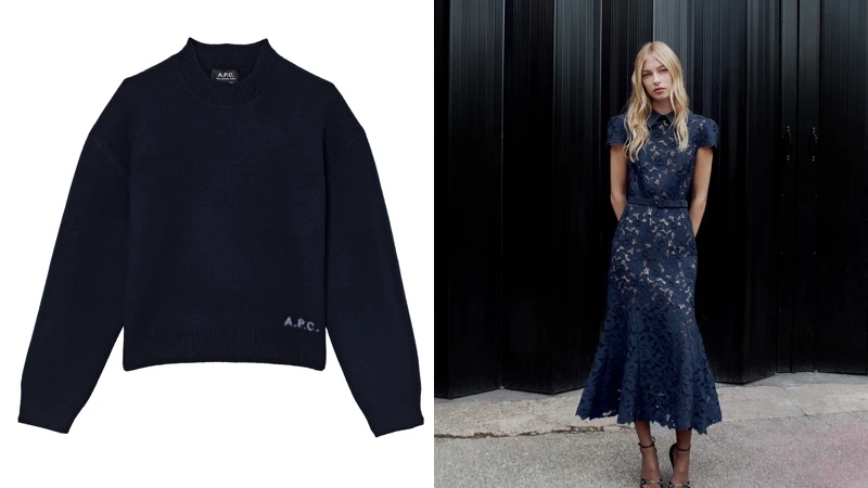 A.P.C. 角落LOGO深藍ESTHER厚氈美麗諾毛衣 NT$12,800、self-portrait Navy Guipure Lace Midi Dress NT$25,800