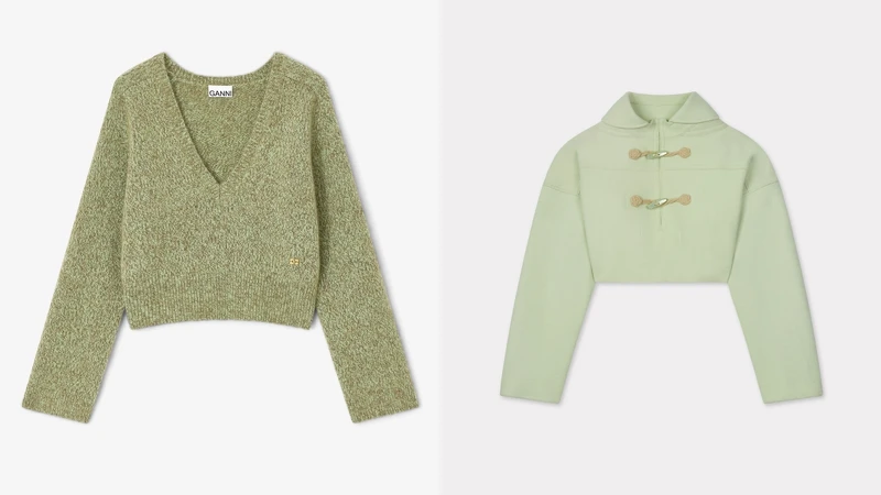 GANNI 絨面馬海毛混紡深V領針織上衣-尼羅河綠 $14300、KENZO LUCKY ME杏核綠短版連帽上衣$47,800