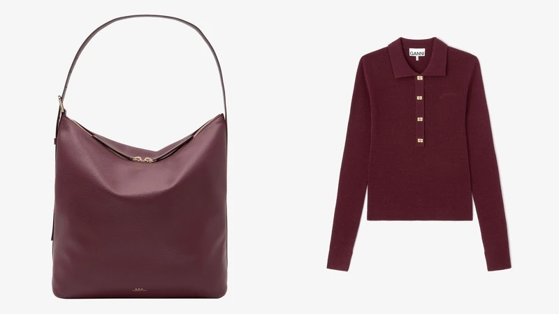 A.P.C. VERA荔枝皮深紅HOBO包 NT$24,300、GANNI 經典日常羊毛POLO衫-酒紅 NT$10,300