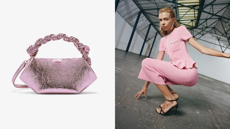 GANNI Bou Crushed迷你斜背包-銀粉 NT$17,800、self-portrait Pink Peplum Knit Midi Dress NT$23, 800