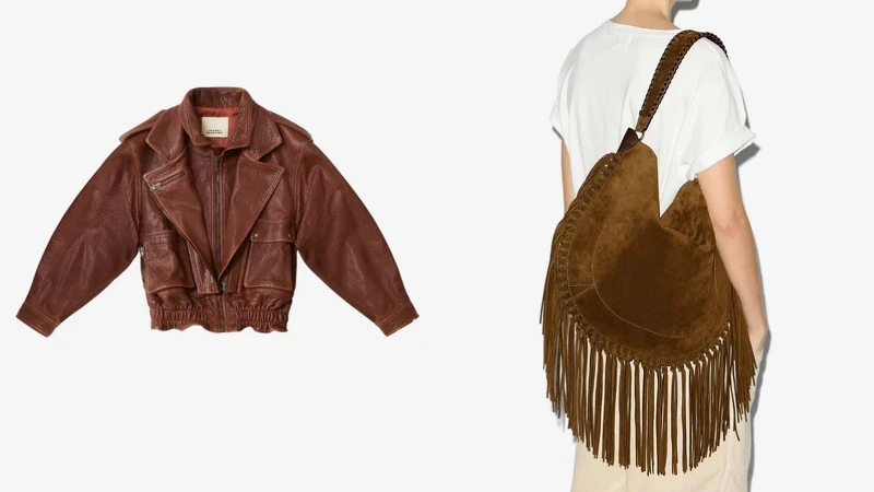 ISABEL MARANT 皮革工藝紅磚色羊皮騎士外套 NT$126,800、ISABEL MARANT OSKAN HOBO SOFT深褐色流蘇肩背包 NT$57,800